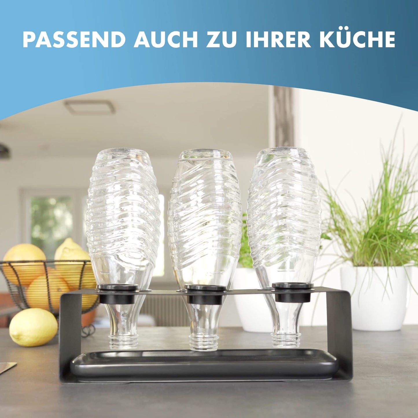 Panteer® bottle holder for SodaStream bottles - drip tray made of stainless steel with ceramic bowl including lid holder and 3M® silicone pads - for 3 SodaStream Crystal and more. (Black)