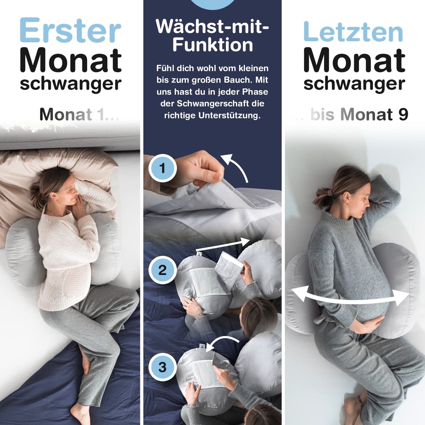 BabybeFun compact pregnancy pillow for sleeping against back pain [Extra comfort thanks to adjustable function] Pregnancy Pillow | Washable | Flexible filling | Light grey