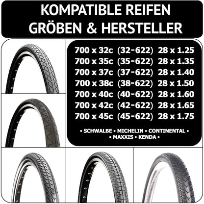 28 inch bicycle tube set | Compatible with Continental & Schwalbe | for AV SV DV valves | Accessories for trekking & city bikes including tire levers & light caps