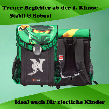 Familando Ninjago school bag set for boys - with sports bag, lunch box, and bottle - ergonomically stable, light at 790g, 16L volume - chest strap, reflectors, rain cover - complete set for 1st grade elementary school.