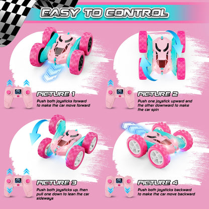 Cosone Remote Control Car for Girls, All-wheel Off-road Stunt RC Car with Headlights, Double-sided 360° Rotating Toy, Gifts for Kids 6+ (Pink)
