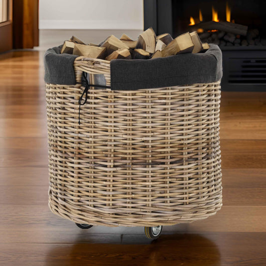 Large wheeled trolley with handles/wooden cart with wheels made of gray natural rattan/storage wood cart wheels fireplace wood basket fireplace utility basket with liner (round)
