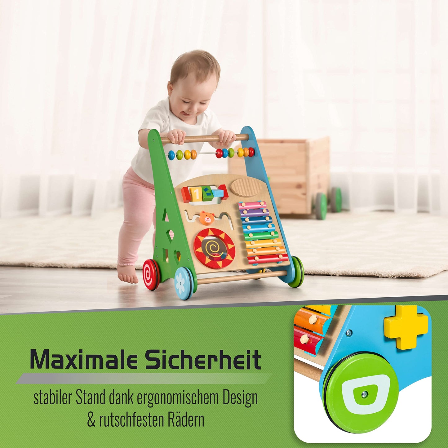 Balinco - Wooden Baby Walker 3-in-1 from 6 months - Walking aid with musical toys, learning functions & motor skills training - Walking aid with xylophone & shape sorting - Baby walker for girls & boys.