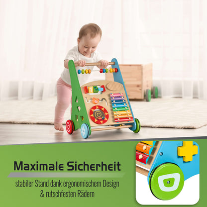 Balinco - Wooden Baby Walker 3-in-1 from 6 months - Walking aid with musical toys, learning functions & motor skills training - Walking aid with xylophone & shape sorting - Baby walker for girls & boys.