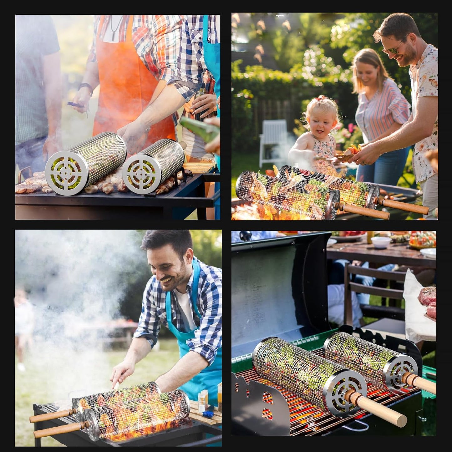 Rolling grill basket, stainless steel grill basket vegetable grilling accessory. 304 stainless steel with detachable wooden handles. Outdoor cooking camping outdoor kitchen grill rack (2 pieces).