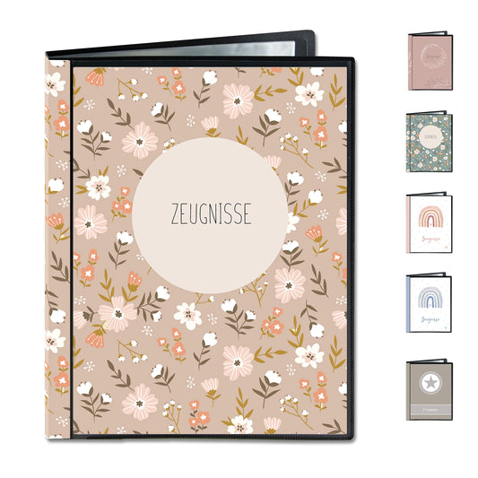 Minilino report folder with 20 premium transparent sleeves A4 size. Protect and store certificates/documents from elementary school. Folder designed for girls (pink flower meadow).