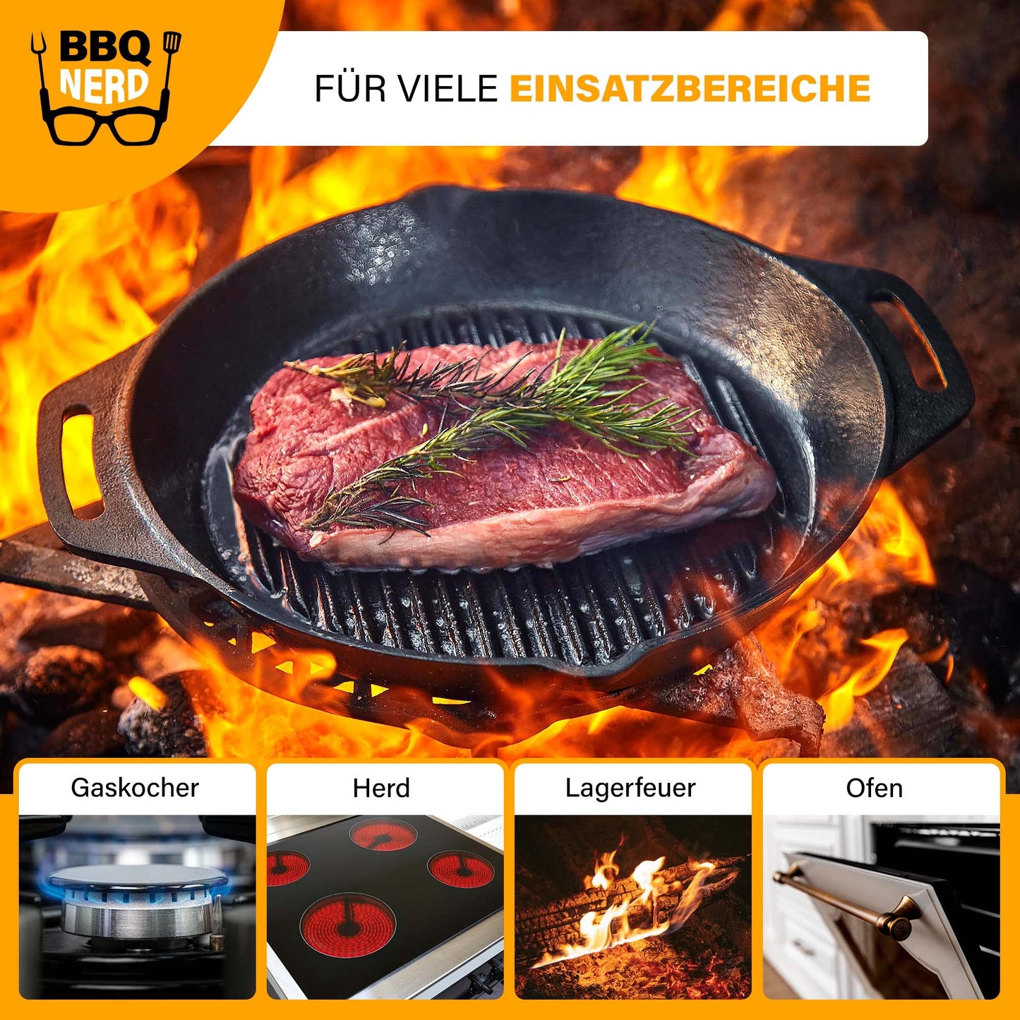 BBQ Nerd Cast Iron Grill Pan - with ridged bottom for beautiful grill marks - Steak Pan Ø 35 cm 4550g with spout and handle - Non-stick pan Skillet Outdoor Pan