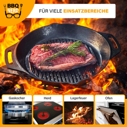 BBQ Nerd Cast Iron Grill Pan - with ridged bottom for beautiful grill marks - Steak Pan Ø 35 cm 4550g with spout and handle - Non-stick pan Skillet Outdoor Pan
