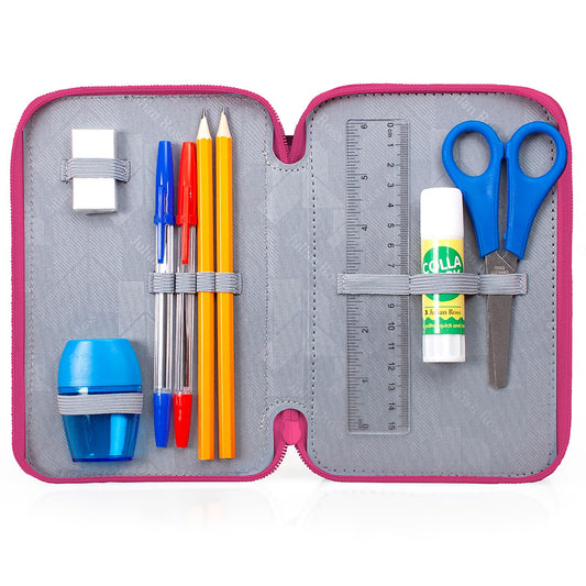 Julian Ross Foxy Plush Pencil Case Kids, 3 compartments, filled with 45 school supplies for girls: colored pencils, markers, glue, and scissors.