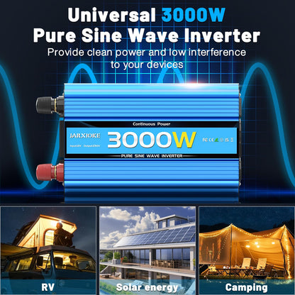 12V to 230V inverter 3000W/6000W Pure Sine Wave Power Converter with remote control, LED display, EU AC outlets, USB port. Perfect for car, camper, boat, camping, power outage.