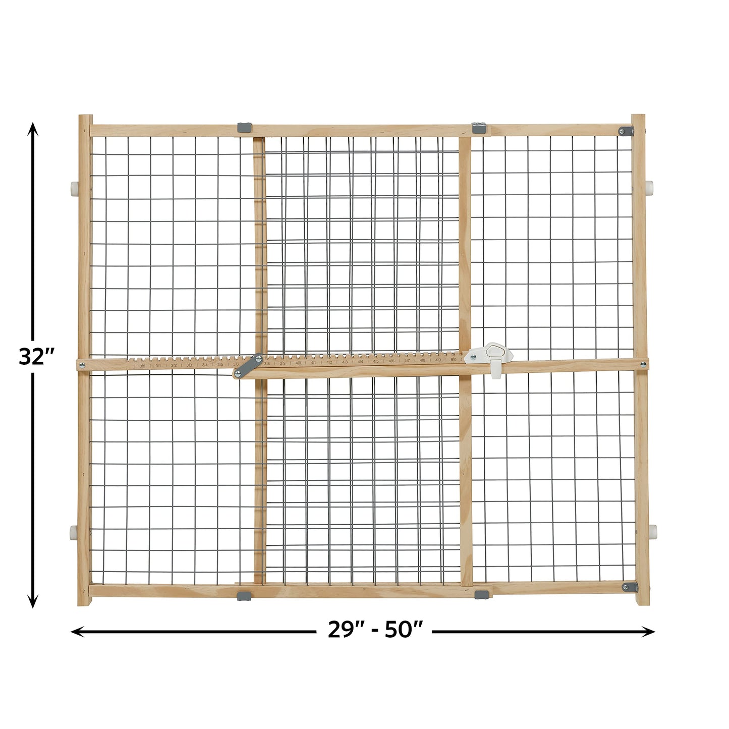 New World B2932WWM-2 Pet Gate, wood, extra wide, no damage to walls, no tool required, patented locking arm, dog gate 81 x 74-127 cm (H x W), natural wood/light gray grid