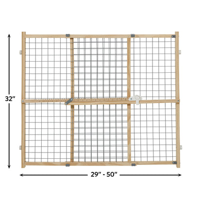 New World B2932WWM-2 Pet Gate, wood, extra wide, no damage to walls, no tool required, patented locking arm, dog gate 81 x 74-127 cm (H x W), natural wood/light gray grid