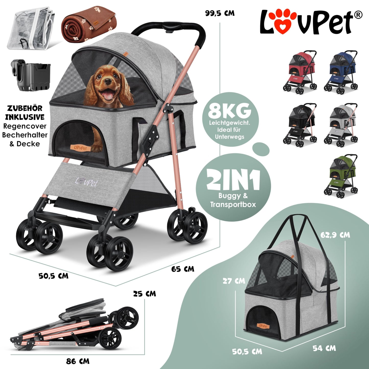 LOVPET® Dog Stroller 2in1 Dog Cart Dog Crate, Transport Bag Foldable and collapsible up to 20kg Pets Buggy with Mesh Windows, Cup Holder, Rain Cover Jogger Buggy for Pets