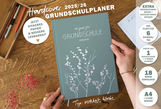 One of the Good Teacher Planners 2025 2026, A4 Elementary School Planner, 1 double page per week, Hardcover School Planner for the 25/26 school year, Mint White with Flowers, FSC Paper