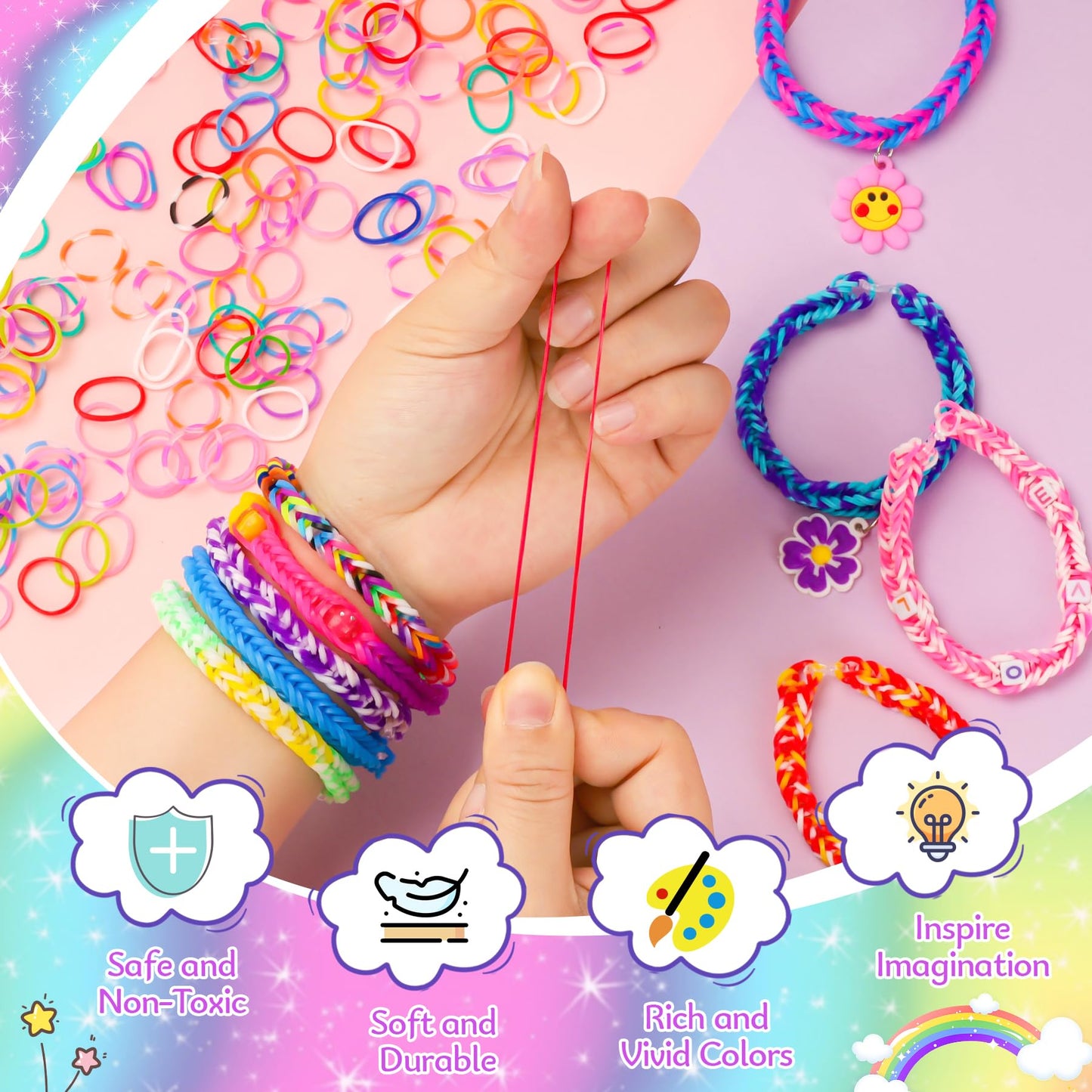 10000+ loom bands set, 2 layer colorful rubber bands kit for bracelets, DIY elastic loom bands kids bracelet making with beads hook charms storage box for beginner boys girls gift