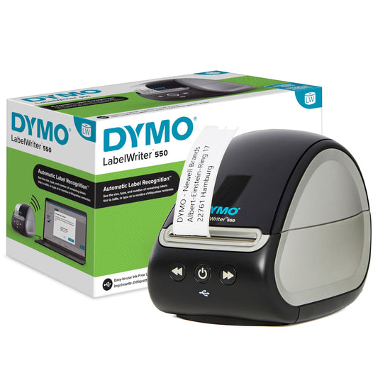 DYMO LabelWriter 550 label printer | Labeling device with thermal direct printing | Automatic label detection | Prints address labels, shipping labels, barcode labels, and more | EU plug adapter