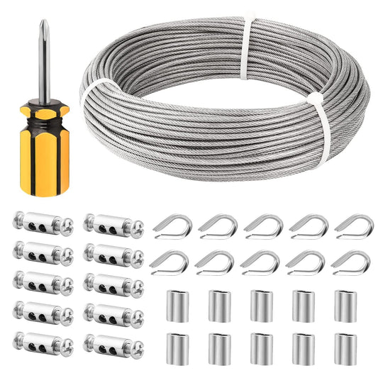TooTaci 3mm Wire Rope Set for indoor use - 50M PVC coated stainless steel cable with M3 rope end sleeves & carbon steel wire rope clamps - Perfect for hanging, curtain wire, and indoor lighting.