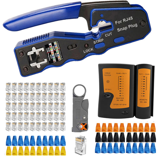 MAYLINEE RJ45 Crimping Tool Set, Pass-through Crimping Tool for Cat5/Cat5e/Cat6, CAT7 Cable Tester Kit Network Wire Stripper with 50 and 50 covers, Crimp Connector Set (Black)