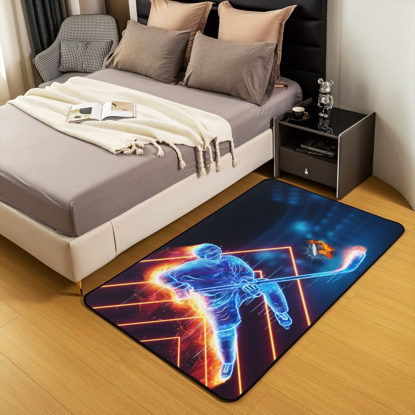 Loussiesd Ice Hockey Living Room Carpets Hockey Player Accent Rug Children Winter Sports Decor Modern Carpet Puck Hockey Indoor Floor Mat Room Decor Carpet 150x200cm