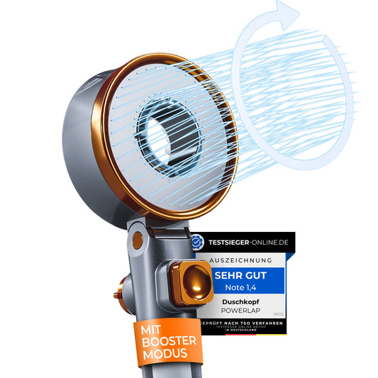 POWERLAP® Showerhead with filter & installation tools | PP-cotton filter showerhead for purified & softer water | Booster mode for perfect water pressure in your shower Gray
