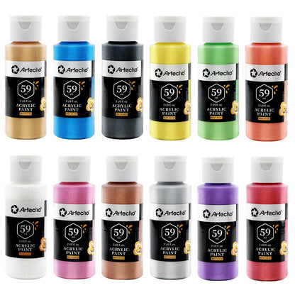 Artecho Metallic Acrylic Paint Set 12x59ml, Non-toxic metallic colors, waterproof and lightfast, fast drying, perfect for canvas, paper, and fabrics.