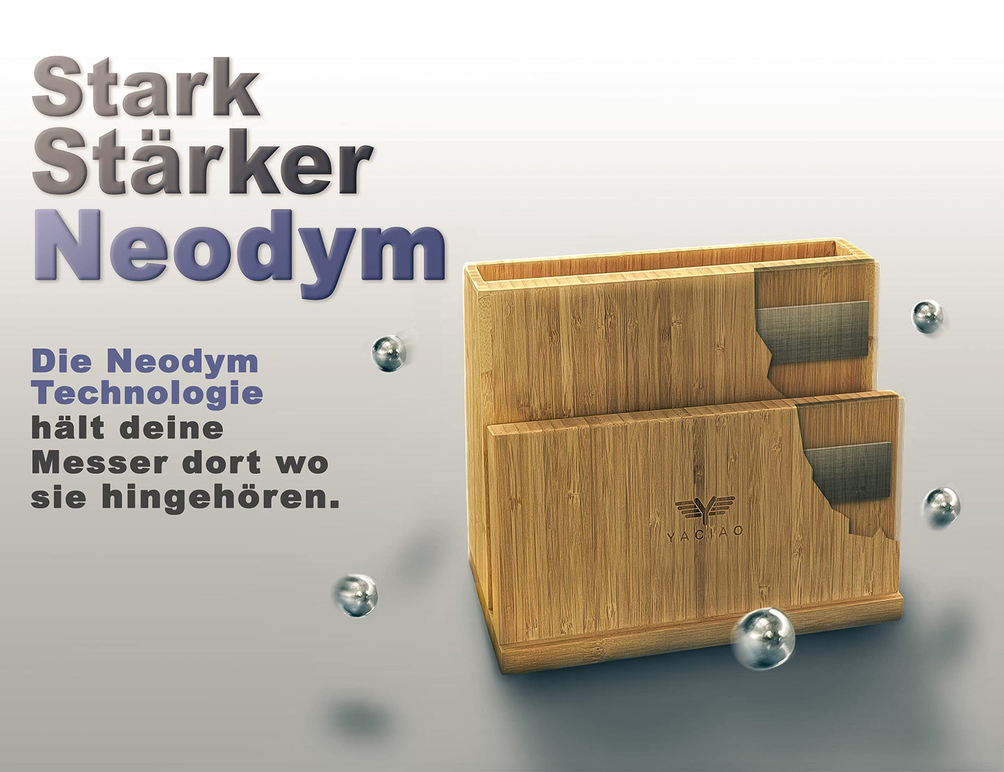 YACIAO magnetic bamboo knife block - 2in1 knife block without knives & kitchen container - Magnet, magnetic - magnetic knife block, Kitchen Organizer, empty knife block.