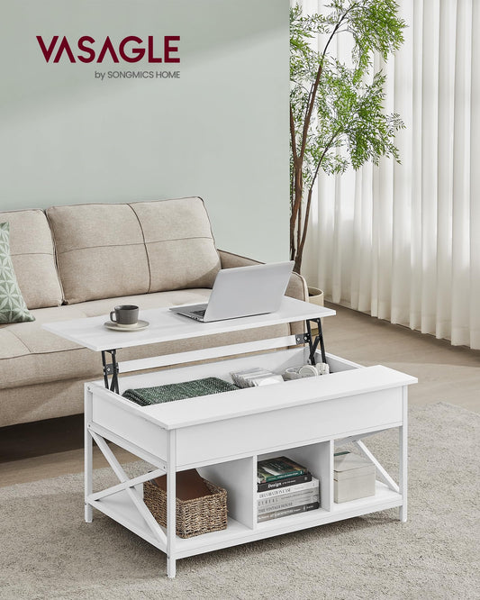 VASAGLE Coffee Table, Adjustable Living Room Table, Open and Hidden Storage, X-Struts, 60 x 100 x (48-62) cm, Snow White-White LCT205W46