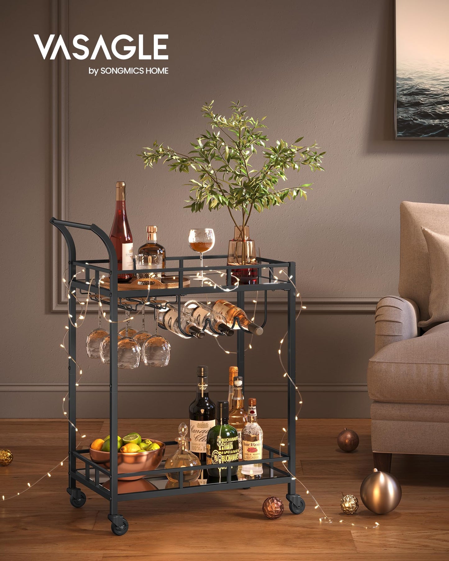 VASAGLE Bar Cart, Rolling Cart, Glass Holder, 2 Mirrored Glass Shelves, Wine Cart, for Kitchen, Dining Room, Bar, Black LRC092B62