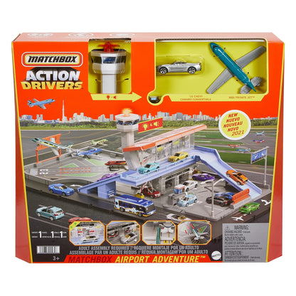 Matchbox HGC59 - Action Drivers Matchbox Airport Adventure with lights, sounds, and moving parts, 1 vehicle and 1 airplane, compatible with other sets, gift for kids ages 3 and up.