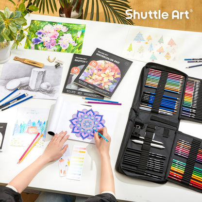 Shuttle Art 103 piece drawing set, artist set with colored pencils, drawing pencils, watercolor pencils and graphite pencils in a pencil case, suitable for children, adults for drawing.