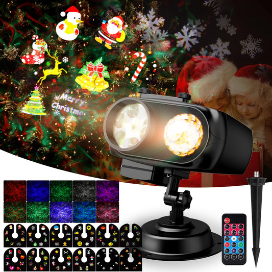 NACATIN Christmas Projector, 2-in-1 LED projector with 12 interchangeable slides (96 patterns) & 10 water waves, waterproof with remote control for indoor and outdoor Christmas decorations, parties