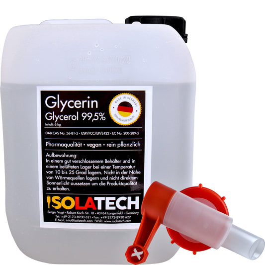 ISOLATECH Glycerin 99,5% 5L pharmaceutical grade made in Germany, measured 99.98% pure plant-based, Glycerin Glycerol liquid with SABEU Fluxx AH23/51 HF pouring tap DIN 51 5L canister (contents 6kg)