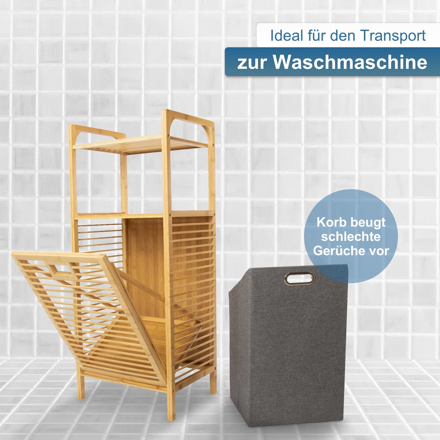osoltus Edge laundry sorter - Bamboo bathroom shelf with foldable laundry basket - laundry cabinet - bathroom organizer - laundry sorting system - 40x30x90 cm
