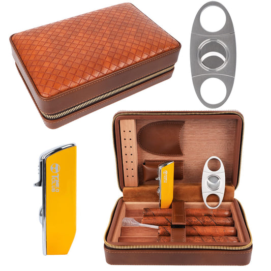 Time C Club 4-Finger Woven Pattern Portable Travel Leather Cigar Case, Cigar Cutter, Cigar Humidor with Cutter and Humidor, Groomsmen Gift, Birthday Gift
