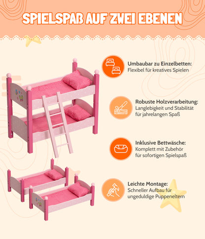 Bayer Chic 2000® Doll Bed Bunk Bed - Papilio Pink Rose - Doll Bunk Bed with Ladder & Bedding - Fits dolls up to 48 cm - Doll Accessories, Wooden Doll Bed