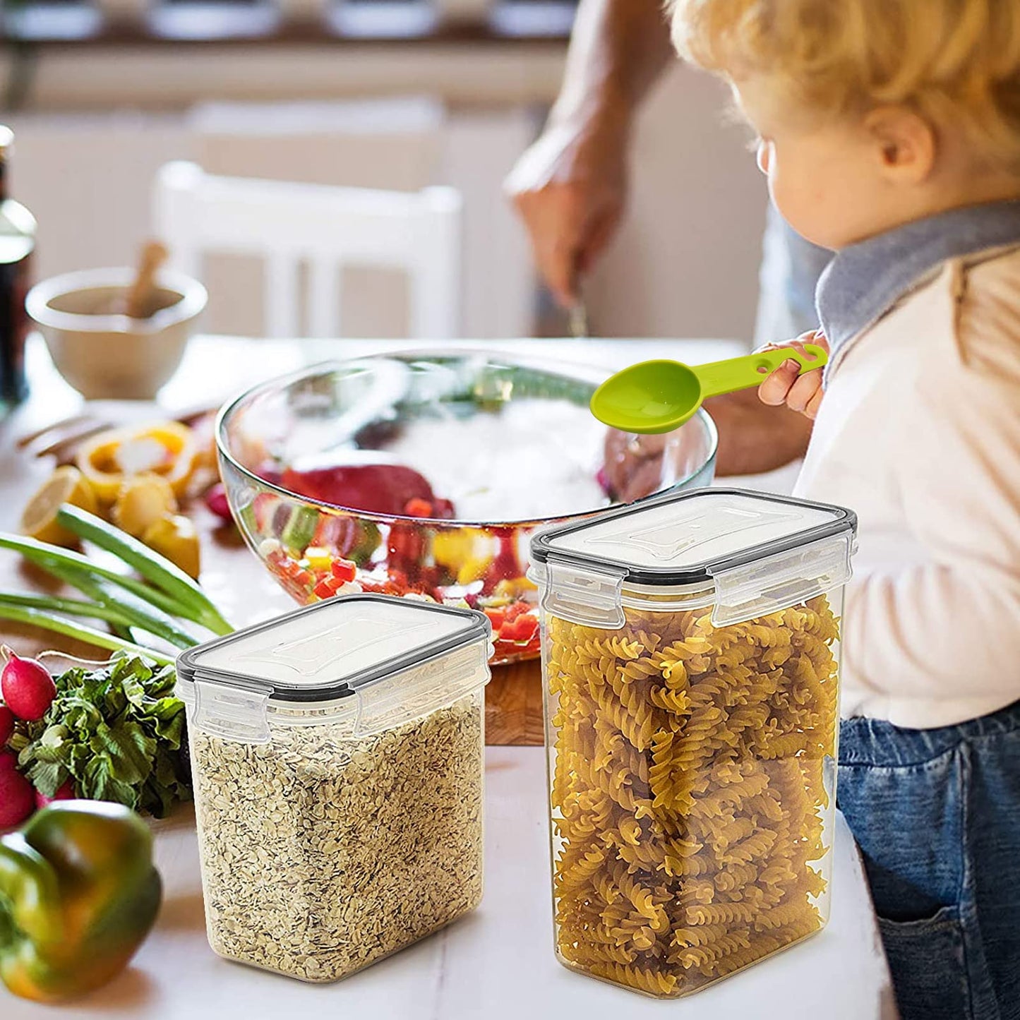 20-piece set of airtight food storage containers with plastic lids, perfect for storing spaghetti, flour, muesli, and cornflakes in the kitchen. Comes in various sizes ranging from 2.8L to 0.52L.
