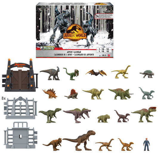 Mattel Jurassic World Advent Calendar for kids with surprises for 24 days, includes various dinosaur figures and battle arena, toy for ages 3+, HHW24