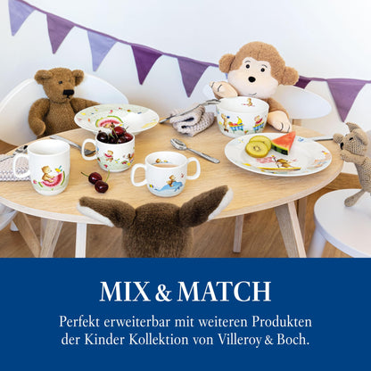 Villeroy & Boch - Hungry As A Bear Set with children's cutlery and tableware (7 pieces). Dishwasher safe, microwave safe. Includes: children's plate, children's cup, children's cutlery set. Made of premium porcelain/stainless steel.