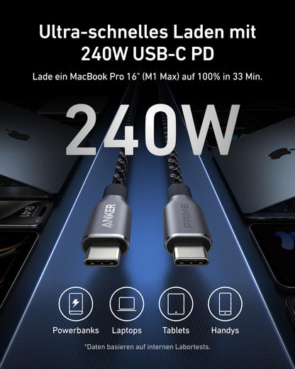 Anchor Prime USB C to USB C cable, 240W 90cm fast charging cable USB C, Upcycled nylon in braided design, 100 years durability, USB 2.0 cable for iPhone 16/16 Pro/16 Pro Max/16 Plus, MacBook, Galaxy S24