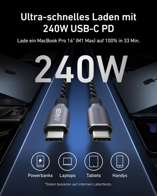 Anchor Prime USB C to USB C cable, 240W 90cm fast charging cable USB C, Upcycled nylon in braided design, 100 years durability, USB 2.0 cable for iPhone 16/16 Pro/16 Pro Max/16 Plus, MacBook, Galaxy S24