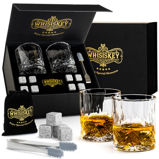Whiskey - Whisky Glass Set - Whisky Accessories Set - 8 Whiskey Stones & 2 Whiskey Glasses - Whisky glasses - Reusable Ice Cubes - Gifts for Men