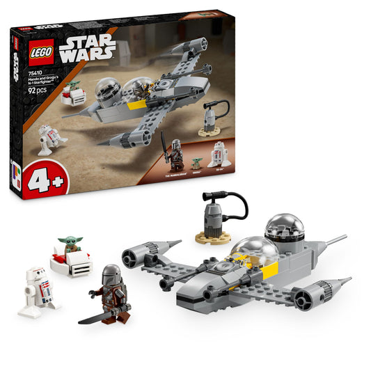 LEGO Star Wars 75410 Mandos and Grogu's N-1 Starfighter Toy featuring The Mandalorian, Grogu & R5-D4 Minifigures, including buildable fuel station, starship starter set for boys and girls aged 4 and up.