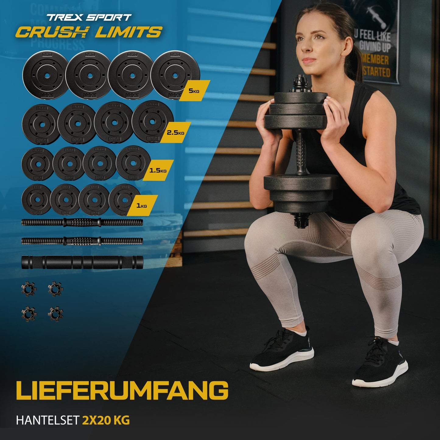 TREX SPORT Dumbbell Set | 2 sets of dumbbells & barbell | 20kg 40kg dumbbell set with connecting tube - 40kg (2x20kg)
