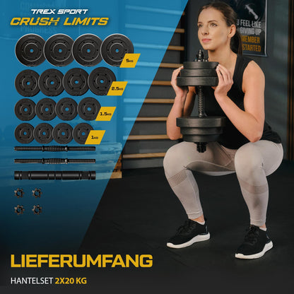 TREX SPORT Dumbbell Set | 2 sets of dumbbells & barbell | 20kg 40kg dumbbell set with connecting tube - 40kg (2x20kg)
