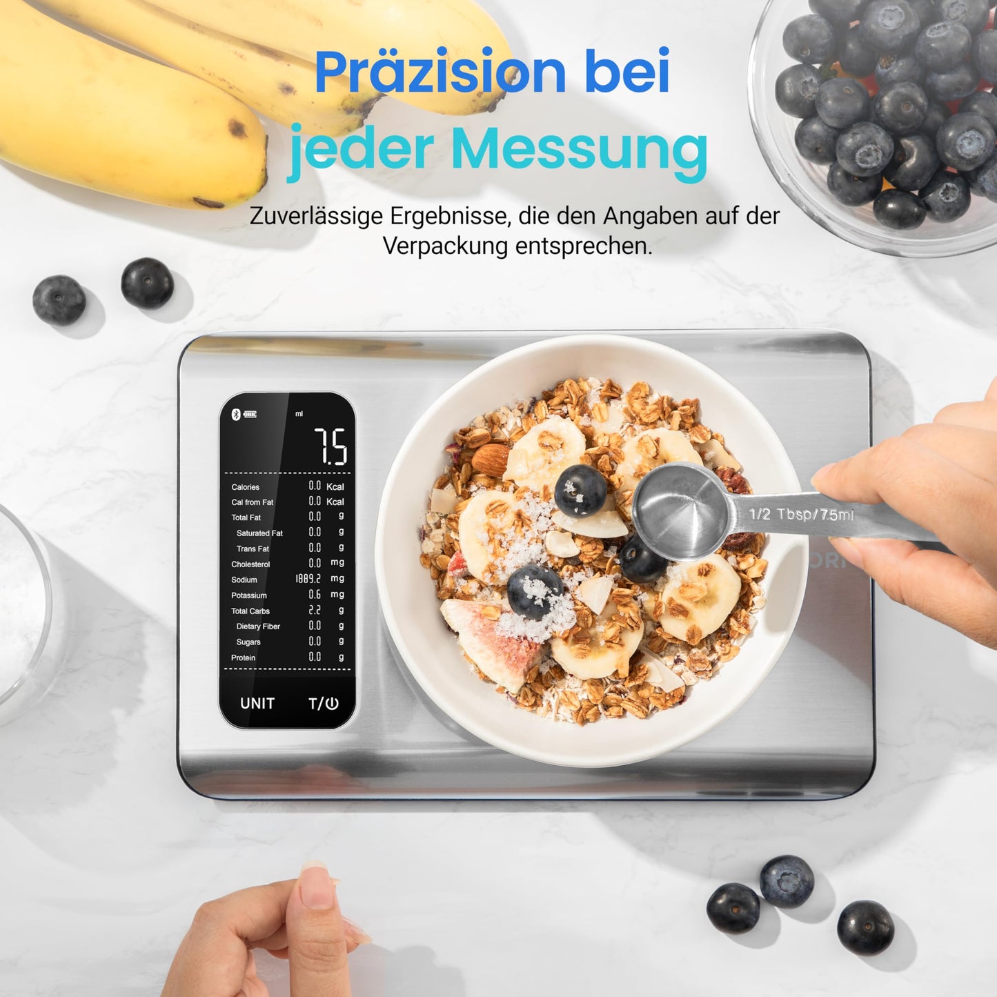 Cosori digital kitchen scale with nutritional calculation, nutrition scale app tracks 19 nutrients, calorie data analysis, 5kg stainless steel food scale, suitable for weight loss, database only for Germany.