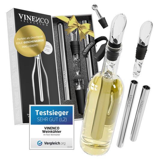 VINENCO Wine Cooler Set THE ORIGINAL, Bottle Cooler + Decanter 7-in-1 Premium Wine Accessories: Stainless Steel Bottle Wine Cooling Rod + Decanter Aerator + Pourer | Bar Gift Women Men, Red- White Wine