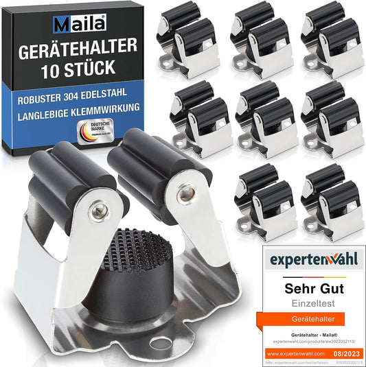 Maila® Device Holder (Set of 10) - Sturdy 304 Stainless Steel Rustproof - Broom Holder with Strong Clamping Force, Wall Mount for Brooms, as Tool Holder