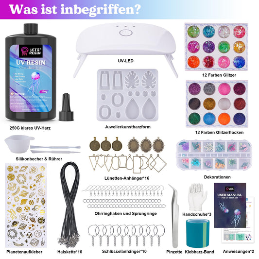 LET'S RESIN UV Resin Set with UV Lamp, 153Pcs UV Glue with Lamp Set, UV Resin Set for keychains, jewelry