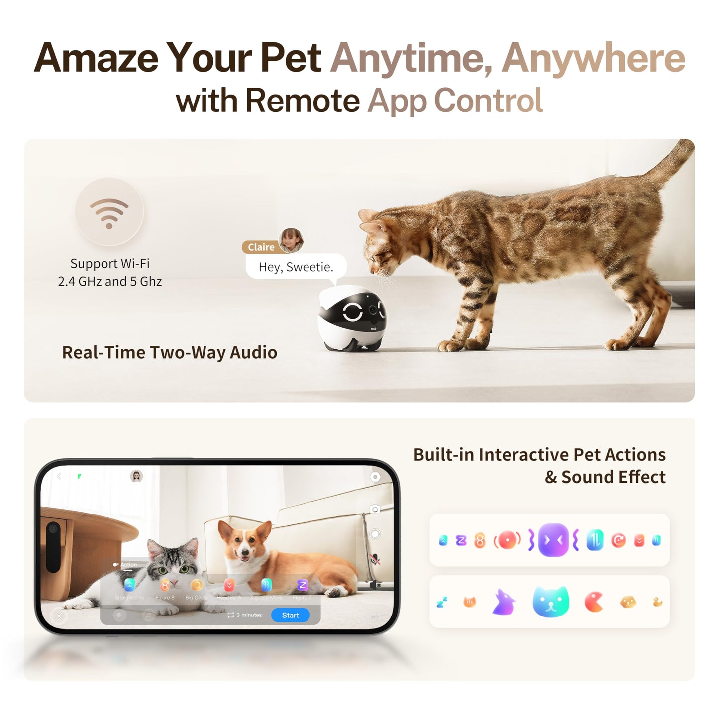 Enabot EBO ROLA Mini 2K Pet Camera Robot: Portable indoor camera with battery and phone app, one-touch call, 2-way audio, IR night vision, motion detection, video recording.