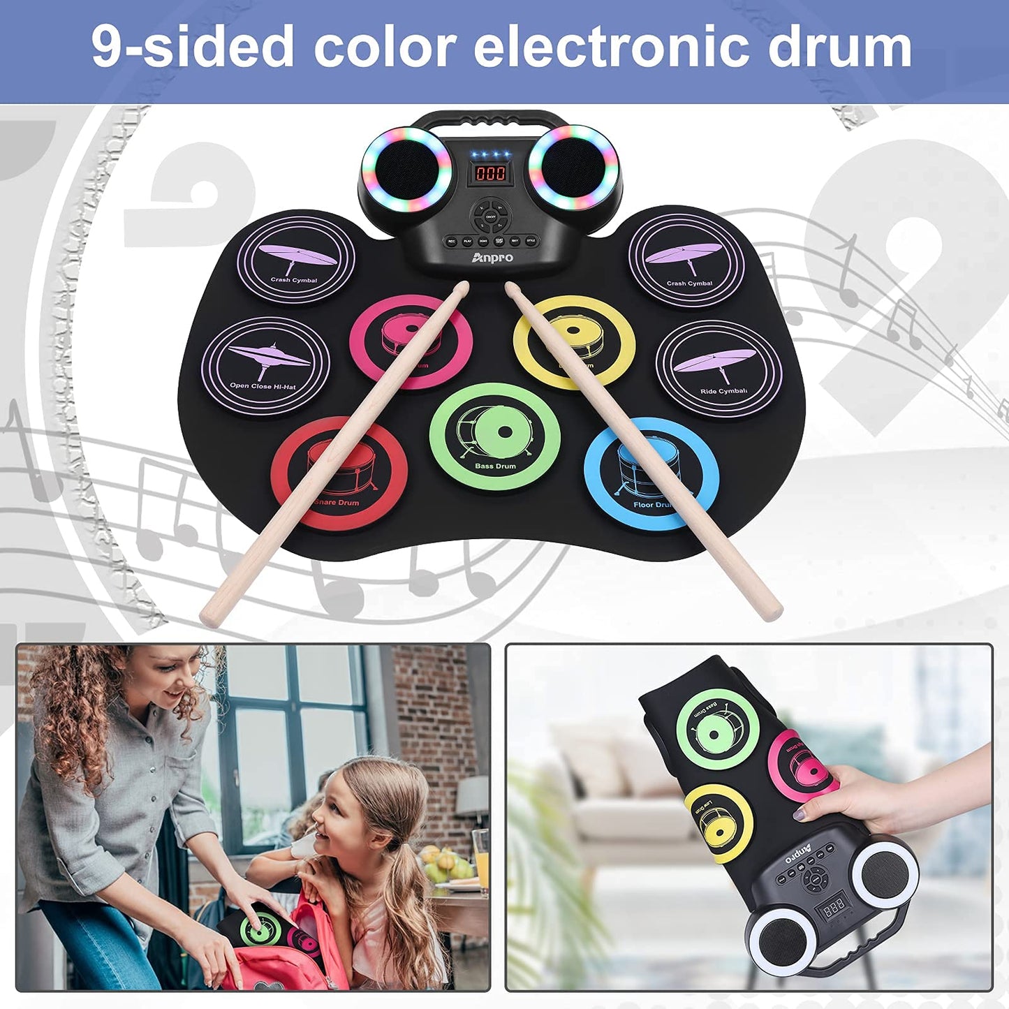 Anpro Nine-Sided Electronic Color Drum Kit, 8PCS Drum Practice Set, portable electric drum, built-in audio with headphone jack, LED color screen, Best Birthday Gift